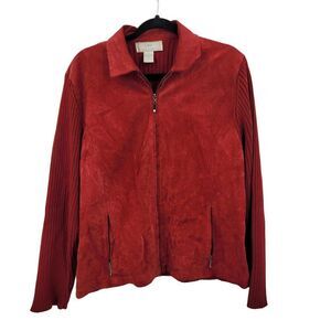 Vtg Red Ribbed Knit Long Sleeve Suede Sweater Jacket Shacket Sz L Cardigan Zip